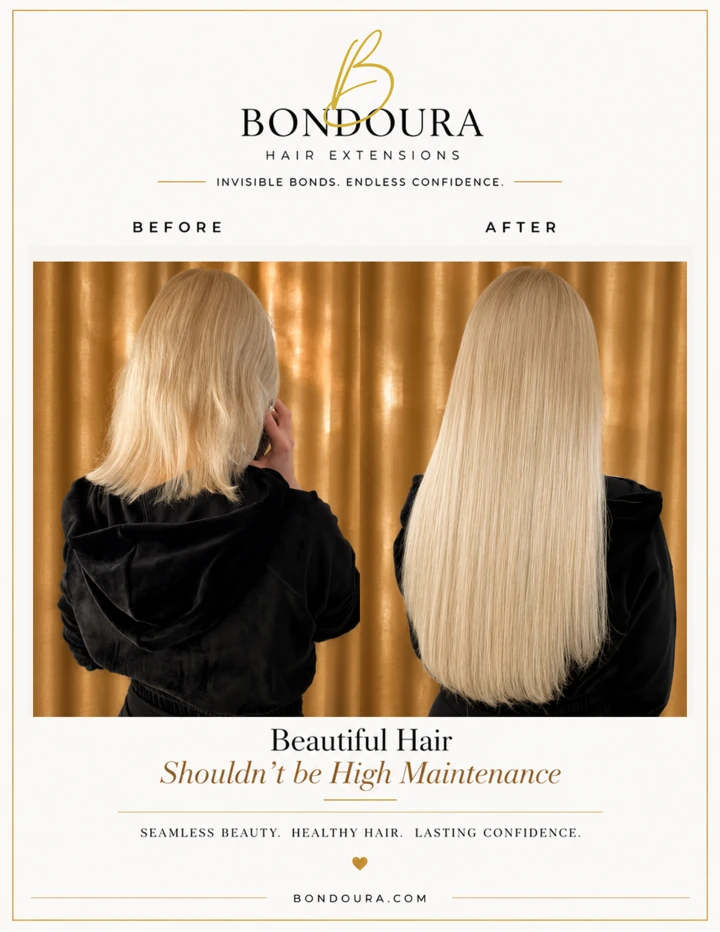 Bondoura before-and-after hair extensions, transformation 11; before on the left and after on the right