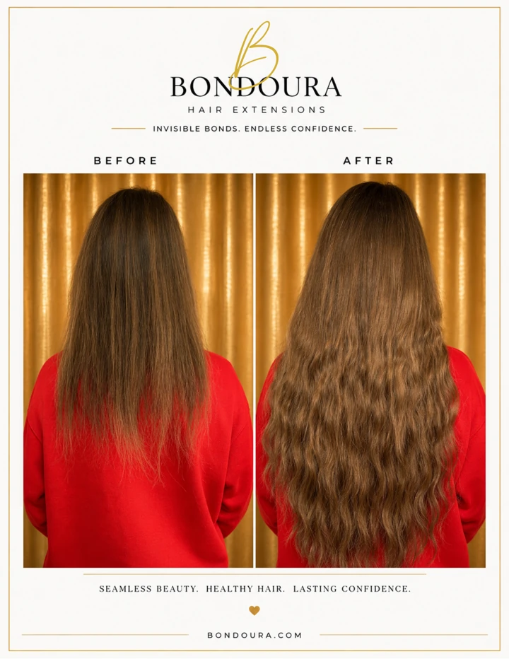 Bondoura before-and-after hair extensions, transformation 13; before on the left and after on the right
