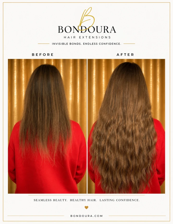 Bondoura before-and-after hair extensions, transformation 16; before on the left and after on the right