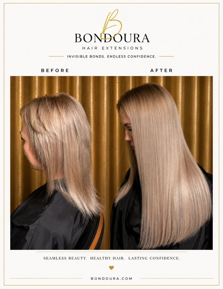 Bondoura before-and-after hair extensions, transformation 19; before on the left and after on the right