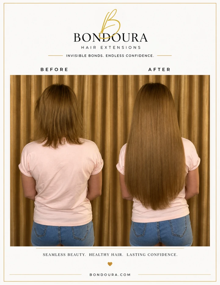 Bondoura before-and-after hair extensions, transformation 20; before on the left and after on the right