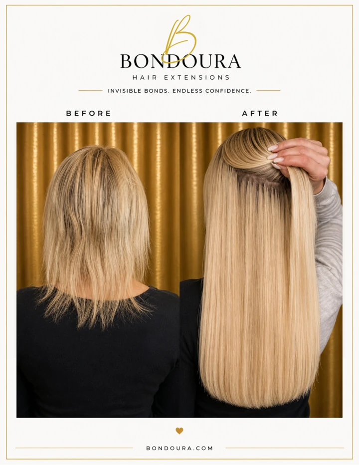 Bondoura before-and-after hair extensions, transformation 24; before on the left and after on the right